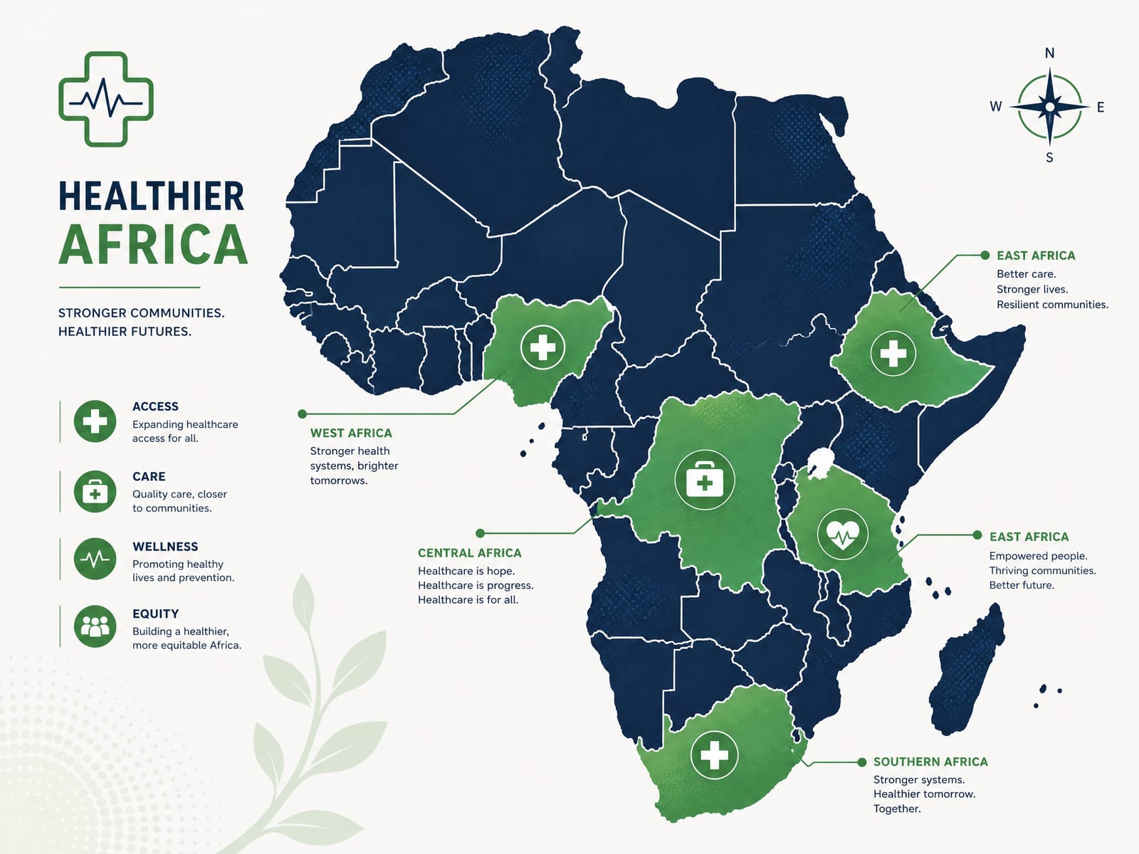 Minimalist conceptual map of Africa with healthcare icons.