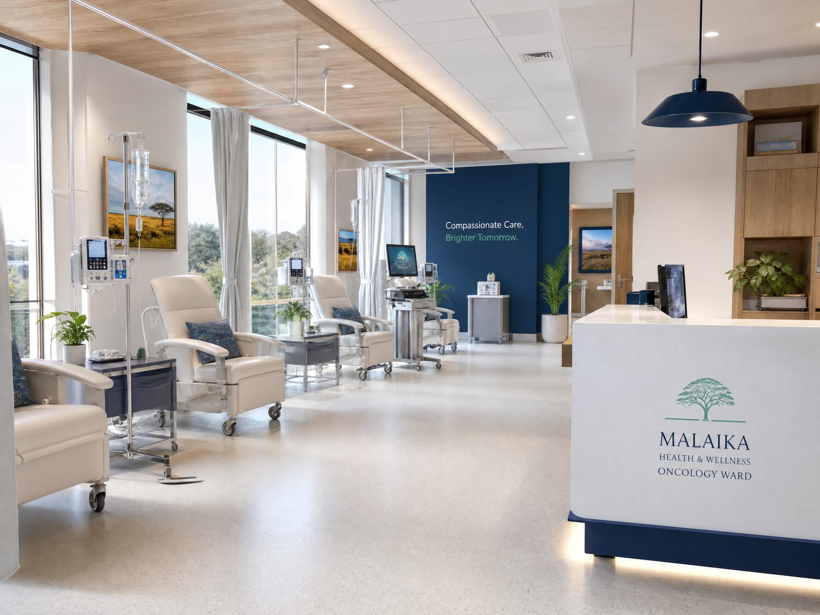 Conceptual rendering of an oncology unit with diagnostic equipment.