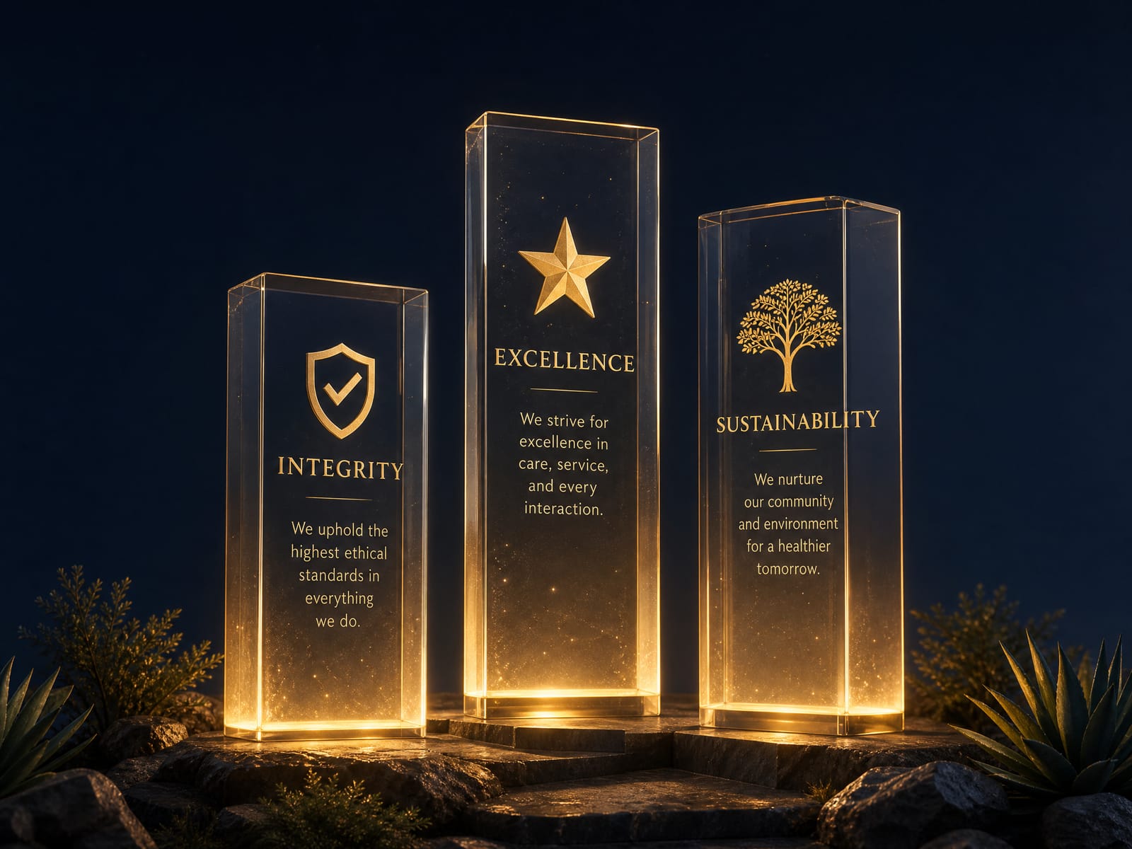 Conceptual 3D render representing Integrity, Excellence, and Sustainability pillars.