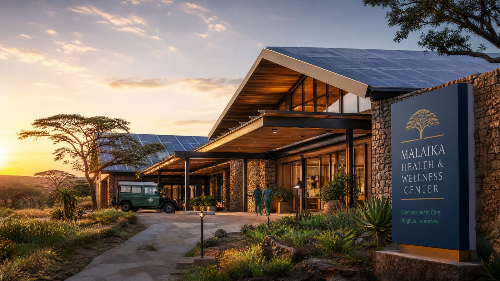 Modern, sustainable healthcare facility at dawn â€” wide-angle conceptual rendering.