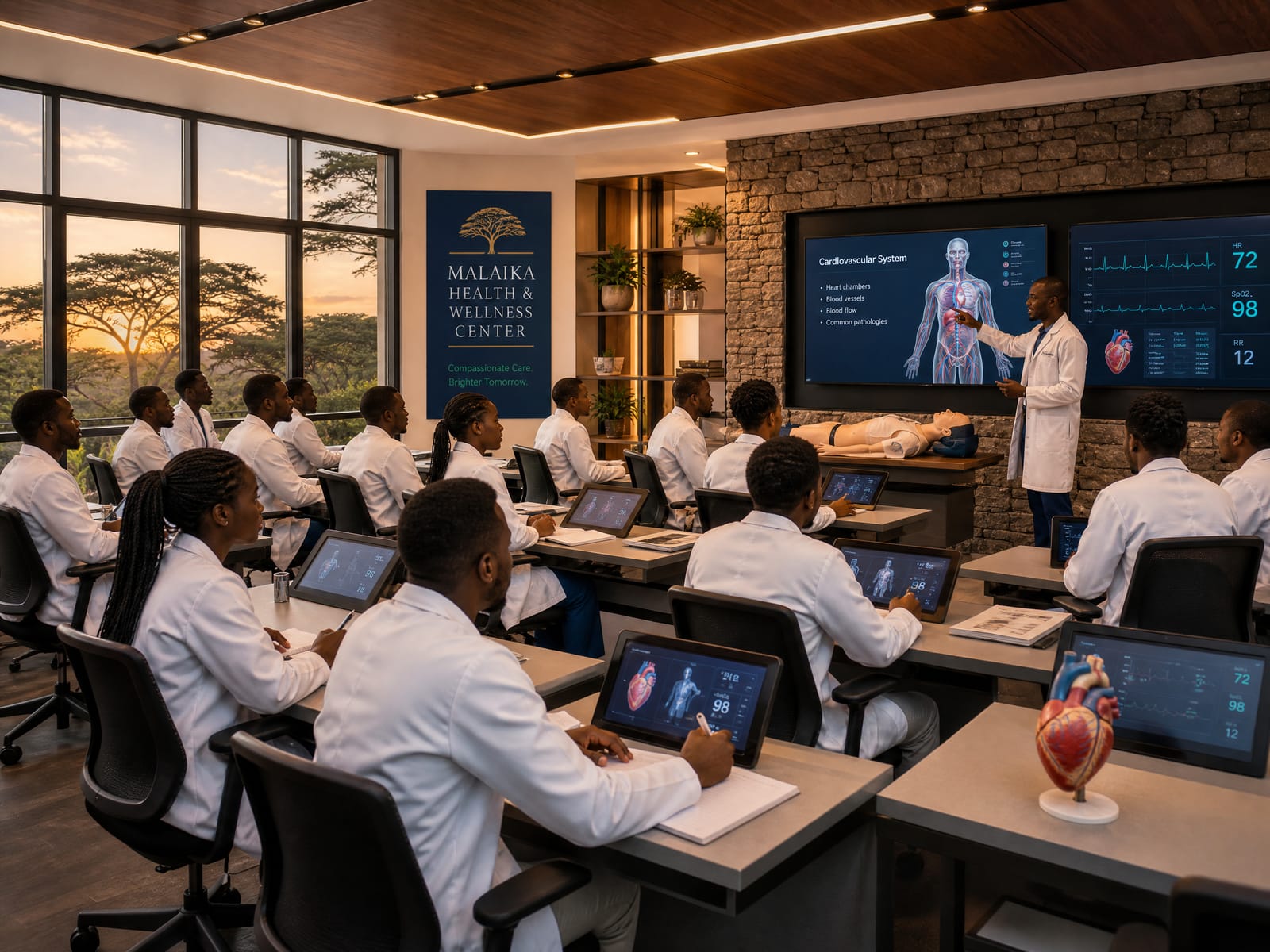 Conceptual rendering of African medical students training in a modern laboratory.