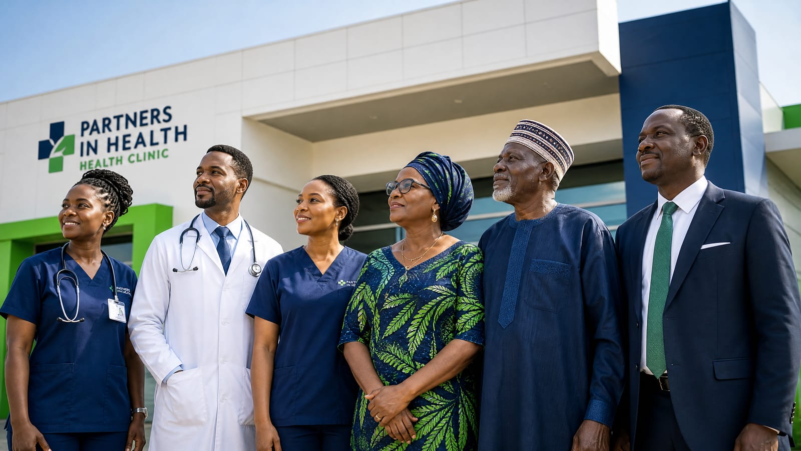 Healthcare professionals and local leaders in a dignified, collaborative setting.